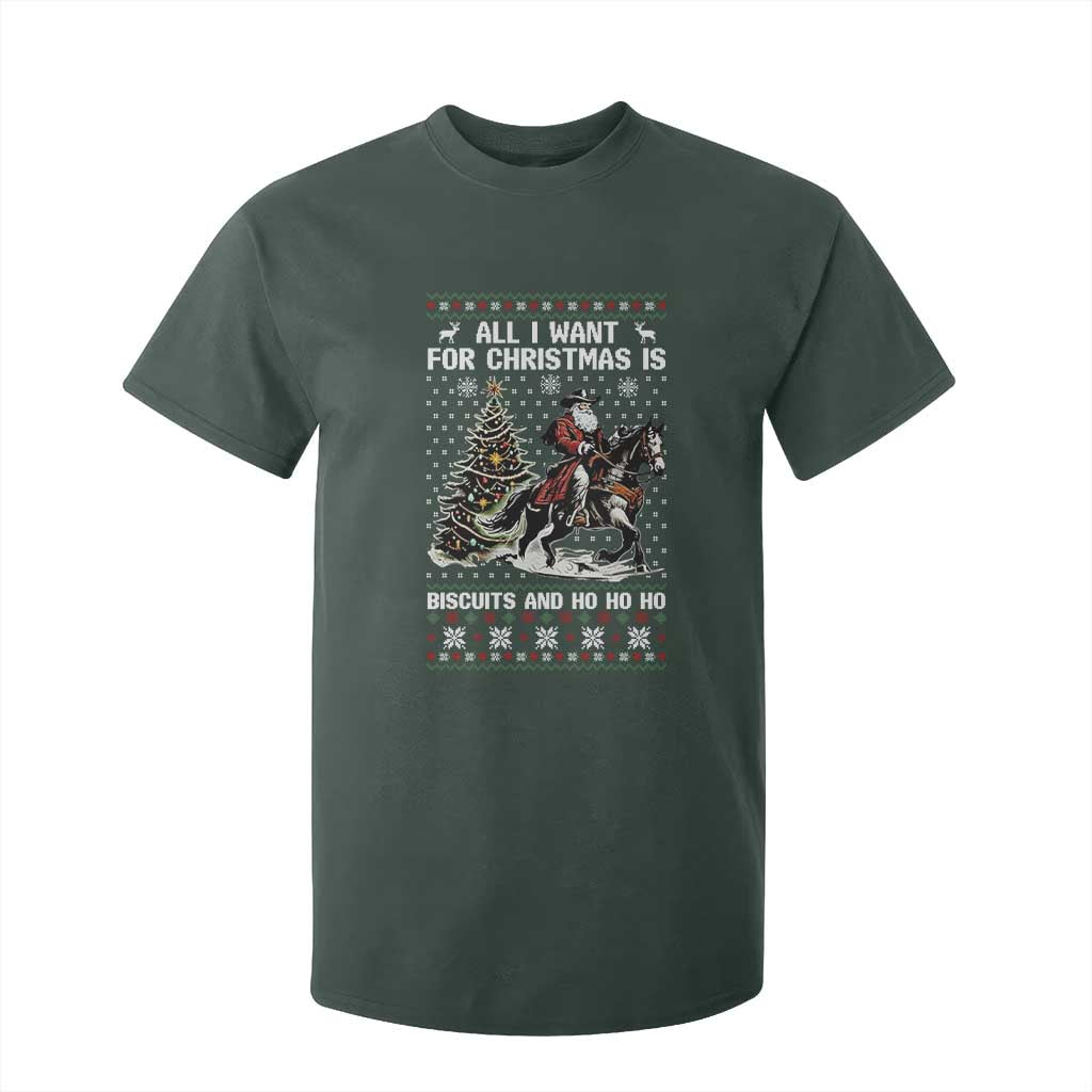 Funny Western Christmas Cowboy Santa T Shirt For Kid All I Want for Christmas Is Biscuits and Ho Ho Ho TS02 Dark Forest Green Print Your Wear