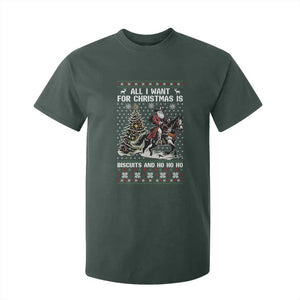 Funny Western Christmas Cowboy Santa T Shirt For Kid All I Want for Christmas Is Biscuits and Ho Ho Ho TS02 Dark Forest Green Print Your Wear