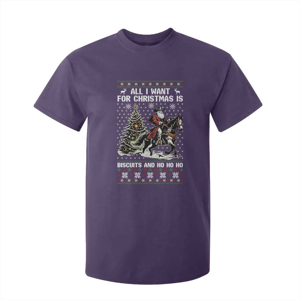 Funny Western Christmas Cowboy Santa T Shirt For Kid All I Want for Christmas Is Biscuits and Ho Ho Ho TS02 Purple Print Your Wear