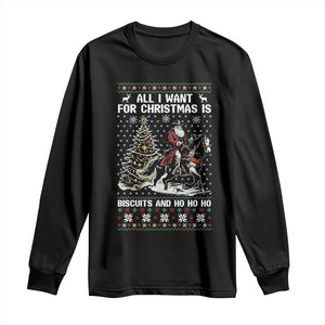 Funny Western Christmas Cowboy Santa Long Sleeve Shirt All I Want for Christmas Is Biscuits and Ho Ho Ho TS02 Black Print Your Wear