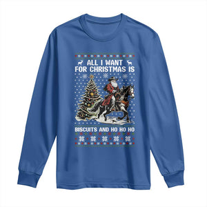 Funny Western Christmas Cowboy Santa Long Sleeve Shirt All I Want for Christmas Is Biscuits and Ho Ho Ho TS02 Royal Blue Print Your Wear