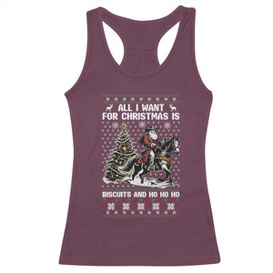 Funny Western Christmas Cowboy Santa Racerback Tank Top All I Want for Christmas Is Biscuits and Ho Ho Ho TS02 Maroon Print Your Wear