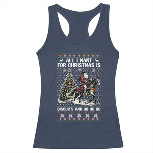 Funny Western Christmas Cowboy Santa Racerback Tank Top All I Want for Christmas Is Biscuits and Ho Ho Ho TS02 Navy Print Your Wear