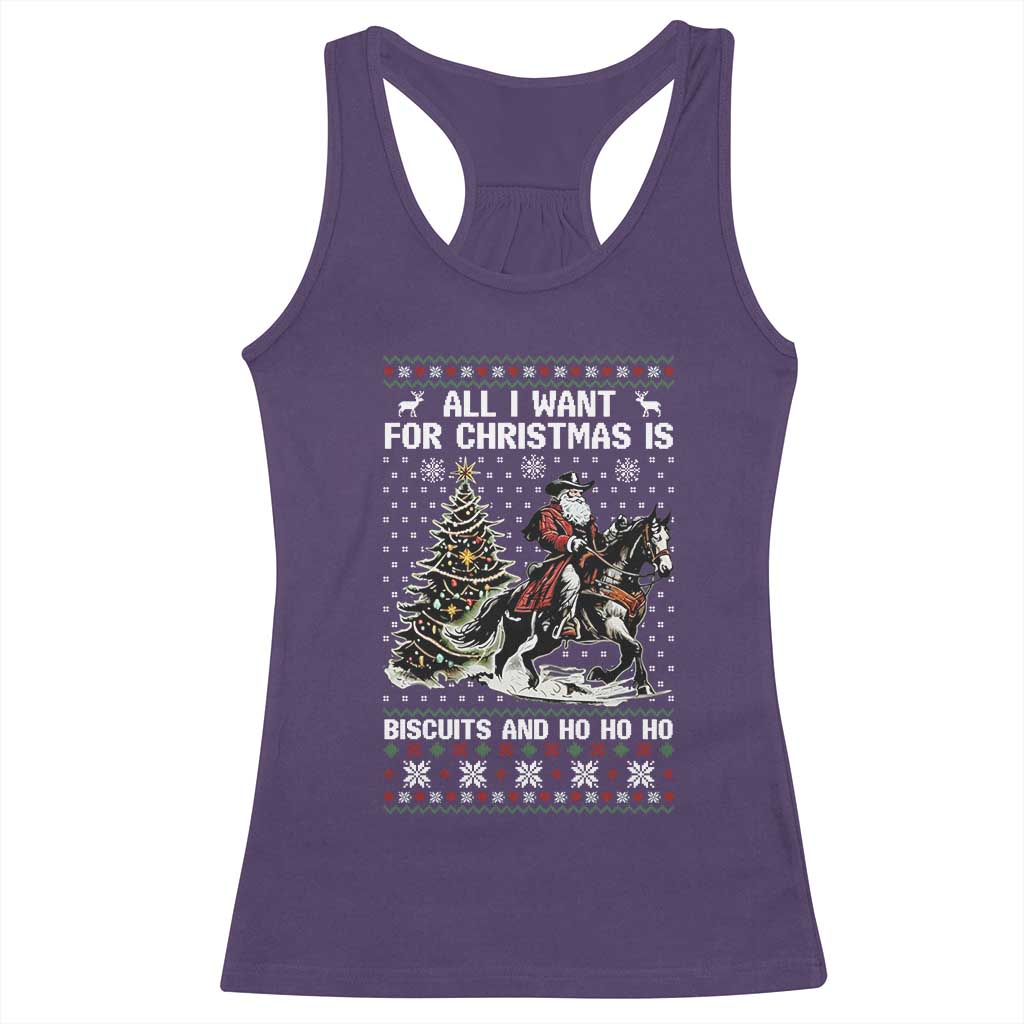 Funny Western Christmas Cowboy Santa Racerback Tank Top All I Want for Christmas Is Biscuits and Ho Ho Ho TS02 Purple Print Your Wear