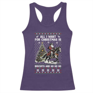 Funny Western Christmas Cowboy Santa Racerback Tank Top All I Want for Christmas Is Biscuits and Ho Ho Ho TS02 Purple Print Your Wear