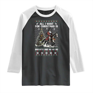 Funny Western Christmas Cowboy Santa Raglan Shirt All I Want for Christmas Is Biscuits and Ho Ho Ho TS02 Black White Print Your Wear