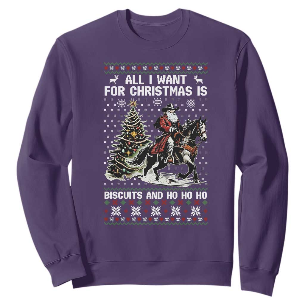Funny Western Christmas Cowboy Santa Sweatshirt All I Want for Christmas Is Biscuits and Ho Ho Ho TS02 Purple Print Your Wear