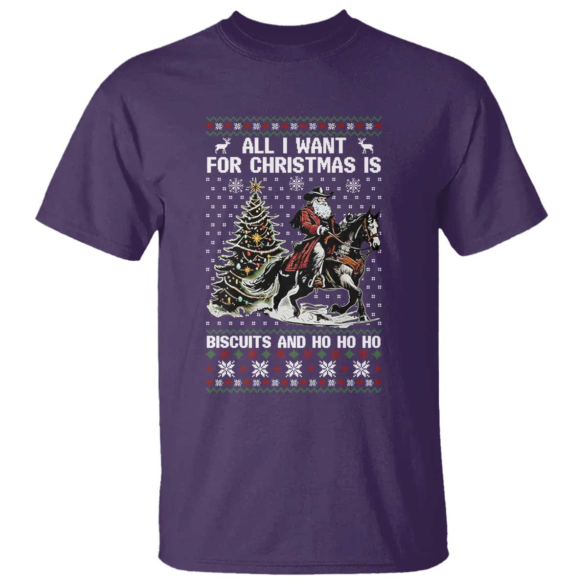 Funny Western Christmas Cowboy Santa T Shirt All I Want for Christmas Is Biscuits and Ho Ho Ho TS02 Purple Print Your Wear