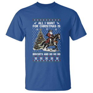Funny Western Christmas Cowboy Santa T Shirt All I Want for Christmas Is Biscuits and Ho Ho Ho TS02 Royal Blue Print Your Wear