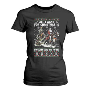 Funny Western Christmas Cowboy Santa T Shirt For Women All I Want for Christmas Is Biscuits and Ho Ho Ho TS02 Black Print Your Wear