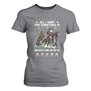Funny Western Christmas Cowboy Santa T Shirt For Women All I Want for Christmas Is Biscuits and Ho Ho Ho TS02 Charcoal Print Your Wear
