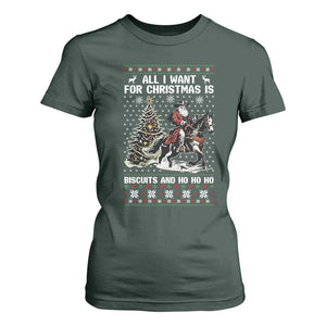 Funny Western Christmas Cowboy Santa T Shirt For Women All I Want for Christmas Is Biscuits and Ho Ho Ho TS02 Dark Forest Green Print Your Wear