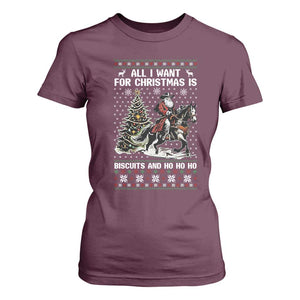 Funny Western Christmas Cowboy Santa T Shirt For Women All I Want for Christmas Is Biscuits and Ho Ho Ho TS02 Maroon Print Your Wear
