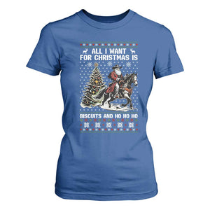Funny Western Christmas Cowboy Santa T Shirt For Women All I Want for Christmas Is Biscuits and Ho Ho Ho TS02 Royal Blue Print Your Wear