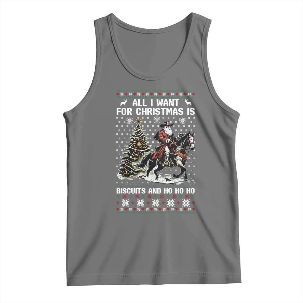 Funny Western Christmas Cowboy Santa Tank Top All I Want for Christmas Is Biscuits and Ho Ho Ho TS02 Black Heather Print Your Wear