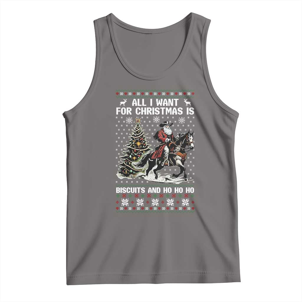 Funny Western Christmas Cowboy Santa Tank Top All I Want for Christmas Is Biscuits and Ho Ho Ho TS02 Deep Heather Print Your Wear