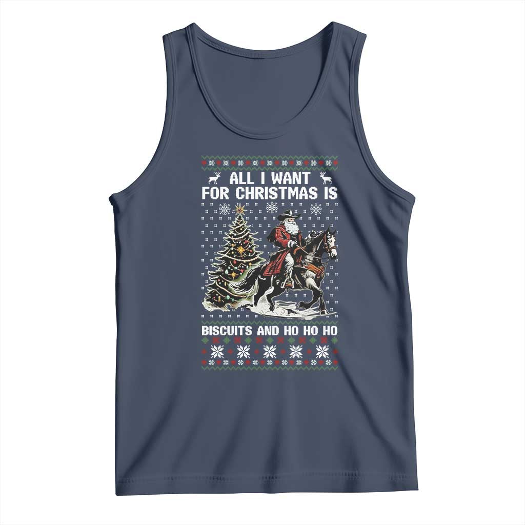 Funny Western Christmas Cowboy Santa Tank Top All I Want for Christmas Is Biscuits and Ho Ho Ho TS02 Navy Print Your Wear