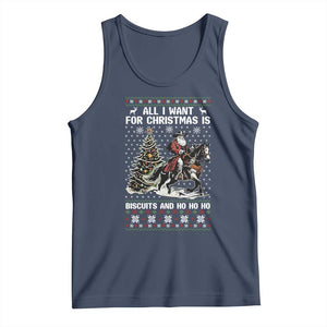 Funny Western Christmas Cowboy Santa Tank Top All I Want for Christmas Is Biscuits and Ho Ho Ho TS02 Navy Print Your Wear