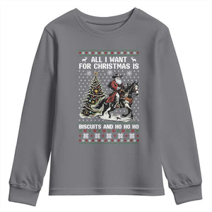 Funny Western Christmas Cowboy Santa Youth Sweatshirt All I Want for Christmas Is Biscuits and Ho Ho Ho TS02 Charcoal Print Your Wear