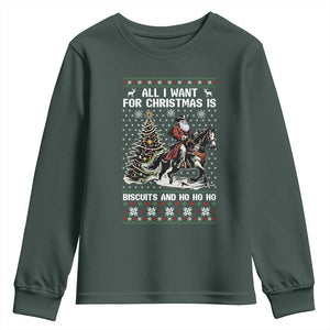 Funny Western Christmas Cowboy Santa Youth Sweatshirt All I Want for Christmas Is Biscuits and Ho Ho Ho TS02 Dark Forest Green Print Your Wear