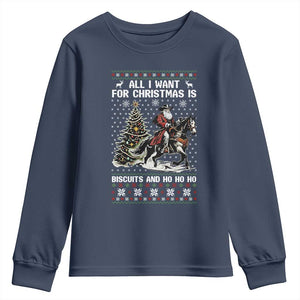 Funny Western Christmas Cowboy Santa Youth Sweatshirt All I Want for Christmas Is Biscuits and Ho Ho Ho TS02 Navy Print Your Wear