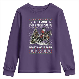 Funny Western Christmas Cowboy Santa Youth Sweatshirt All I Want for Christmas Is Biscuits and Ho Ho Ho TS02 Purple Print Your Wear