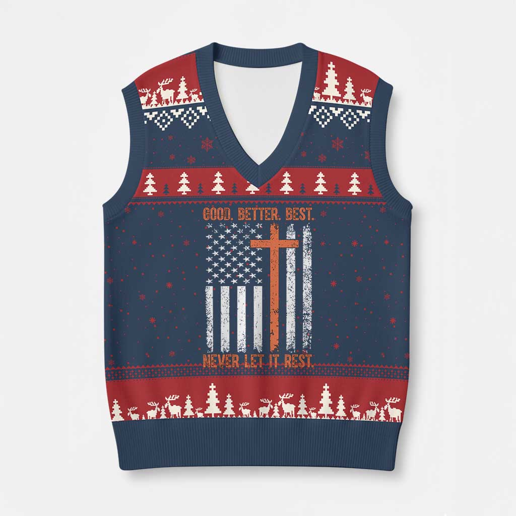 Good Better Best American Flag V-Neck Knit Sweater Vest Inspirational Motivational Christian Faith Cross TS02 Navy Red Print Your Wear