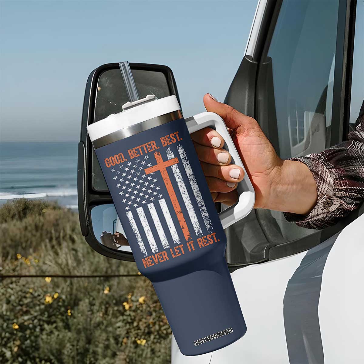 Good Better Best American Flag Tumbler With Handle Inspirational Motivational Christian Faith Cross TS02 Print Your Wear