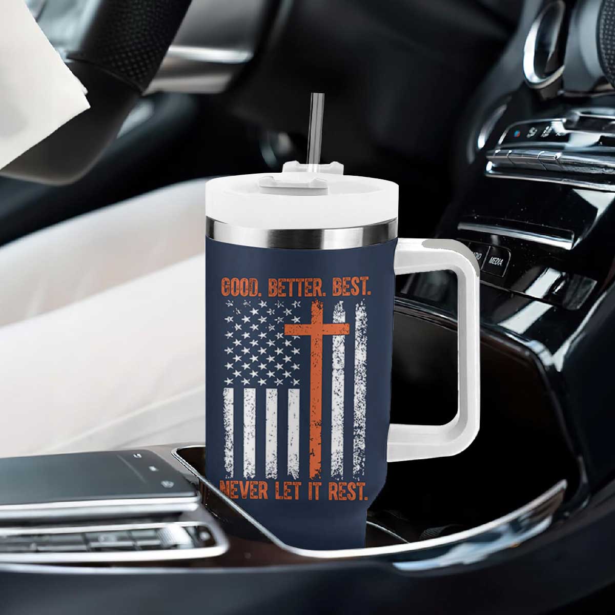Good Better Best American Flag Tumbler With Handle Inspirational Motivational Christian Faith Cross TS02 Print Your Wear
