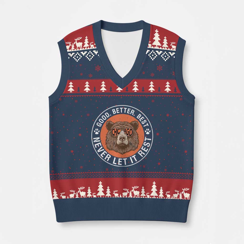 Good Better Best Retro Bear Badge V-Neck Knit Sweater Vest Motivational Chicago Football Never Let It Rest TS02 Navy Red Print Your Wear