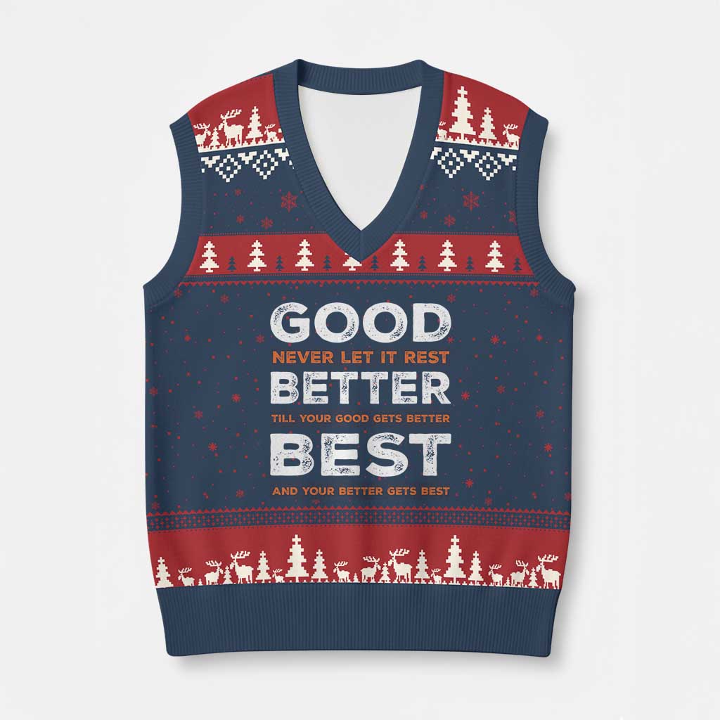 Good Better Best Never Let It Rest Motivational V-Neck Knit Sweater Vest Classic Typography Graphic TS02 Navy Red Print Your Wear