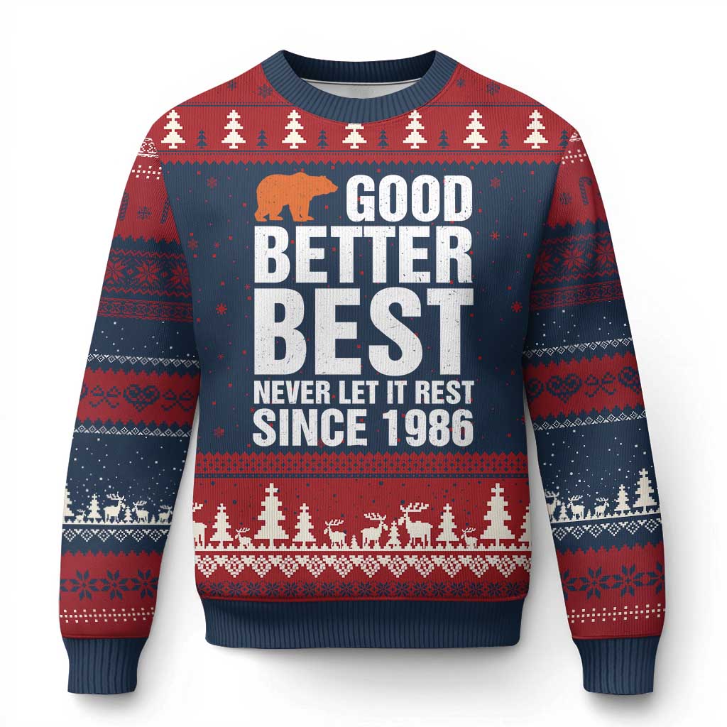 Good Better Best Since 1986 Ugly Christmas Sweater Never Let It Rest Motivational CFB TS02 Navy Red Print Your Wear