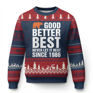 Good Better Best Since 1986 Ugly Christmas Sweater Never Let It Rest Motivational CFB TS02 Navy Red Print Your Wear