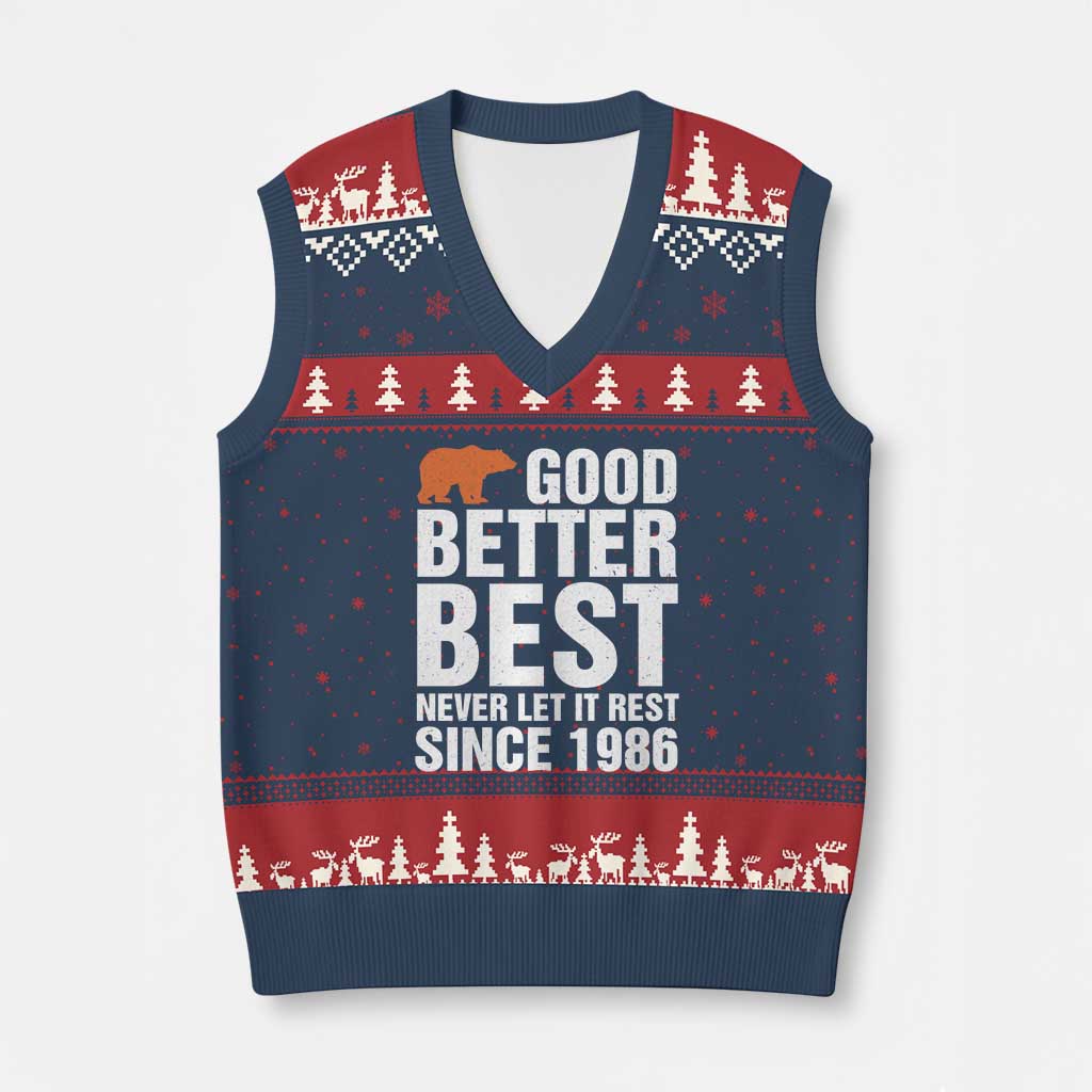Good Better Best Since 1986 V-Neck Knit Sweater Vest Never Let It Rest Motivational CFB TS02 Navy Red Print Your Wear