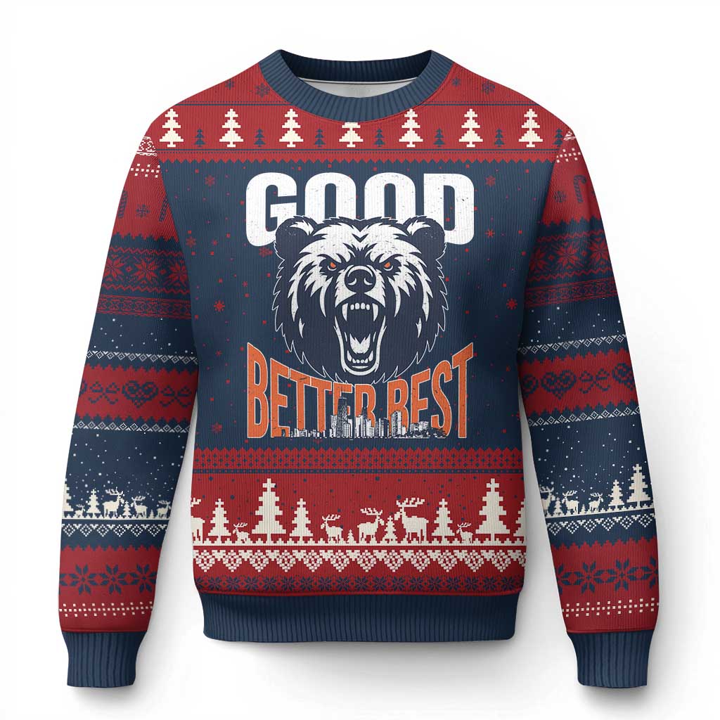 Good Better Best Graphic Ugly Christmas Sweater Motivational Sports Fan Chicago Skyline TS02 Navy Red Print Your Wear