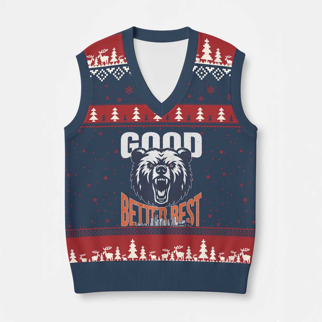 Good Better Best Graphic V-Neck Knit Sweater Vest Motivational Sports Fan Chicago Skyline TS02 Navy Red Print Your Wear
