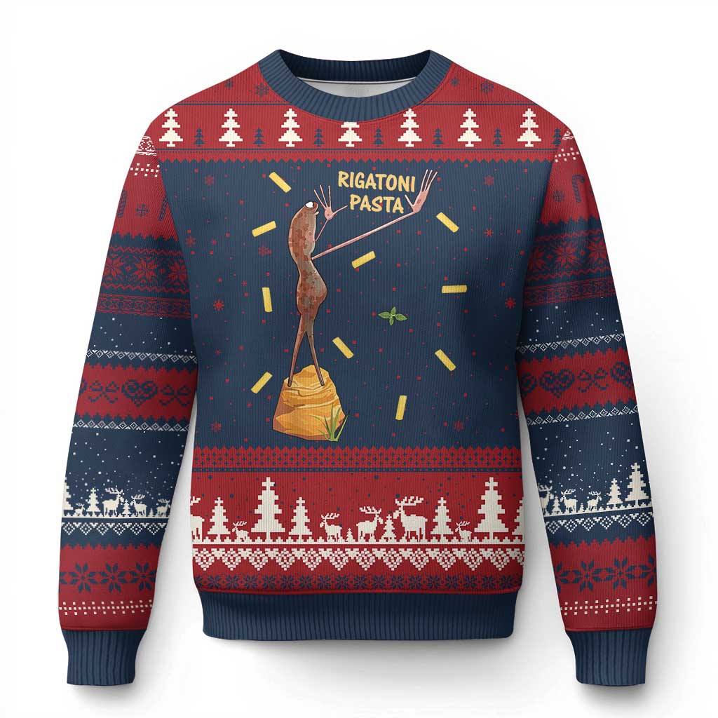 Funny Rigatoni Pasta Marcus The Worm Ugly Christmas Sweater Dramatic Pasta Lover Foodie Meme TS02 Navy Red Print Your Wear