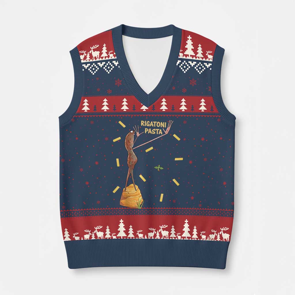 Funny Rigatoni Pasta Marcus The Worm V-Neck Knit Sweater Vest Dramatic Pasta Lover Foodie Meme TS02 Navy Red Print Your Wear