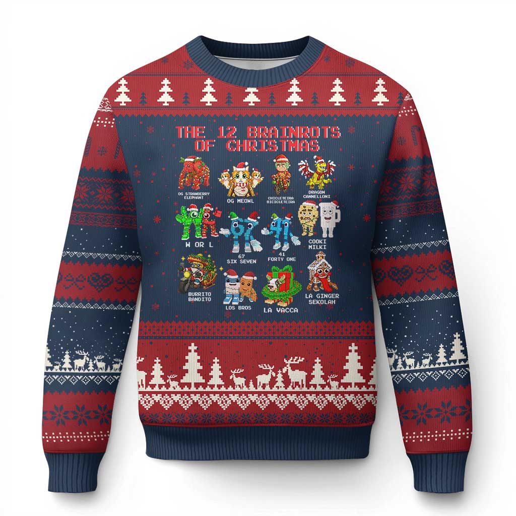 The 12 Brainrots of Xmas Ugly Christmas Sweater Funny Cursed Meme Holiday Gag Gift TS02 Navy Red Print Your Wear