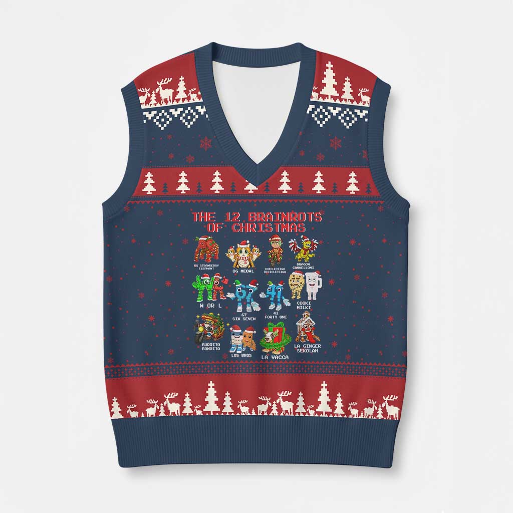 The 12 Brainrots of Xmas V-Neck Knit Sweater Vest Funny Cursed Meme Holiday Gag Gift TS02 Navy Red Print Your Wear