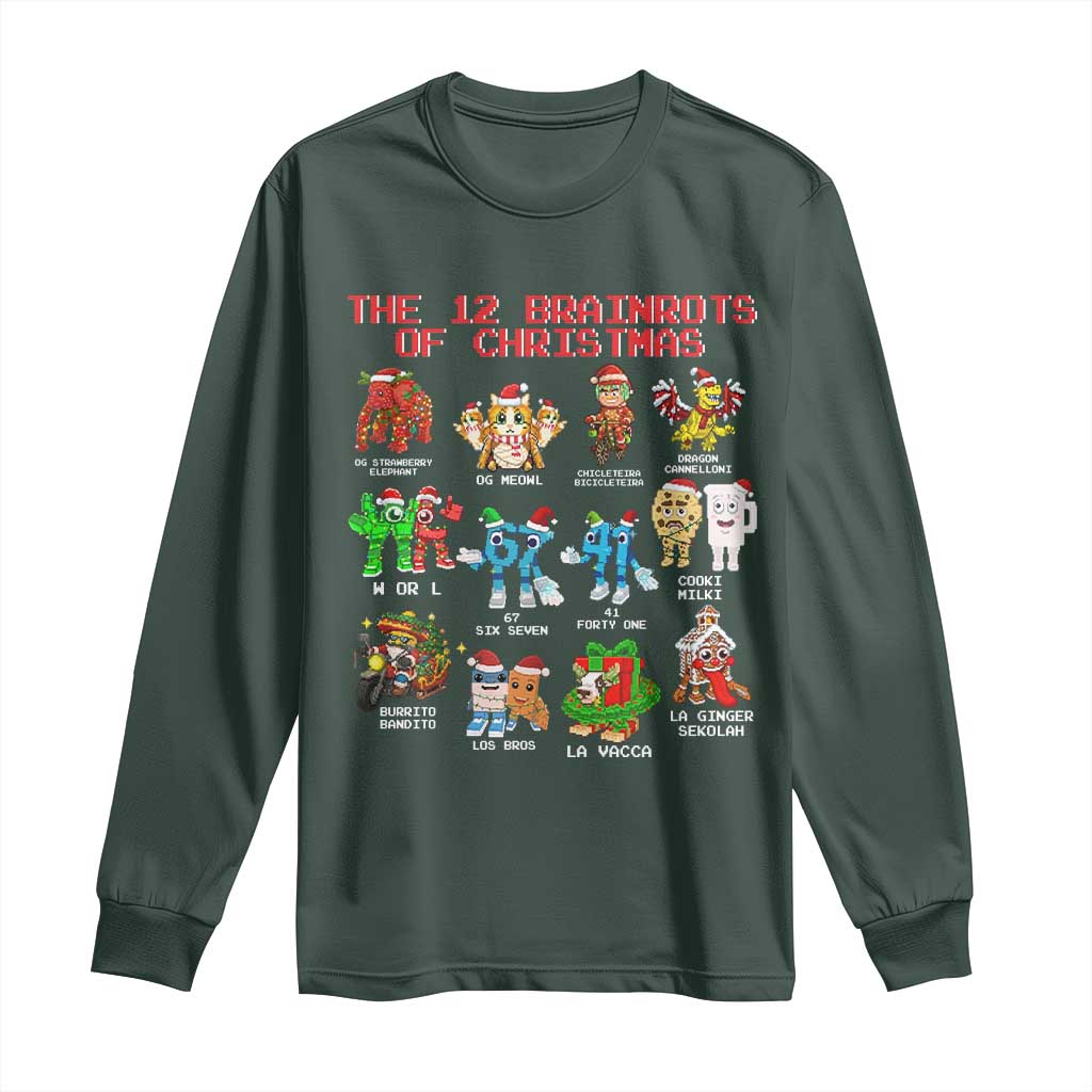 The 12 Brainrots of Christmas Long Sleeve Shirt Funny Cursed Meme Holiday Gag Gift TS02 Dark Forest Green Print Your Wear
