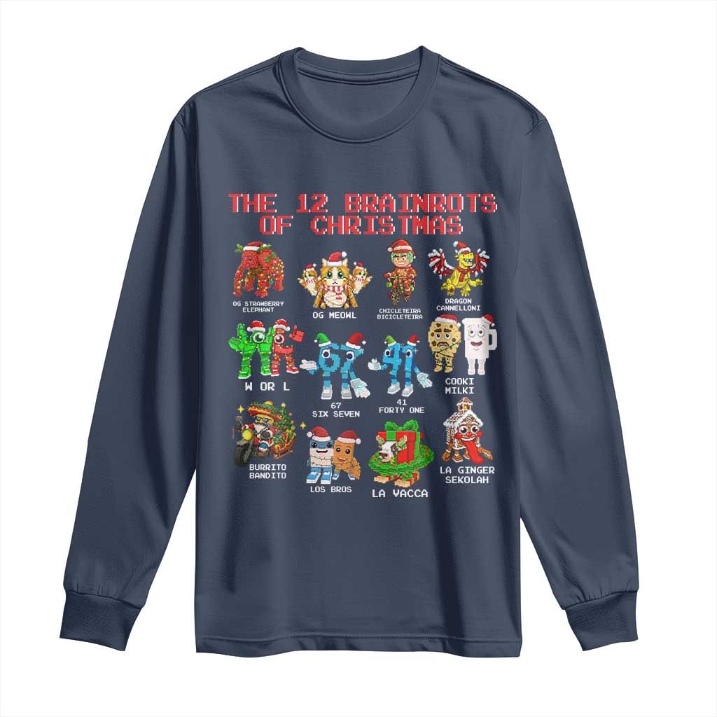 The 12 Brainrots of Christmas Long Sleeve Shirt Funny Cursed Meme Holiday Gag Gift TS02 Navy Print Your Wear