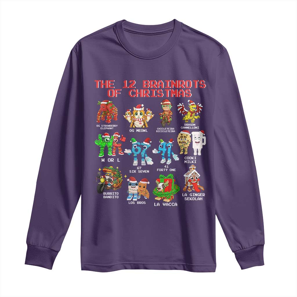The 12 Brainrots of Christmas Long Sleeve Shirt Funny Cursed Meme Holiday Gag Gift TS02 Purple Print Your Wear