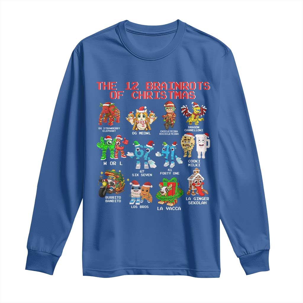 The 12 Brainrots of Christmas Long Sleeve Shirt Funny Cursed Meme Holiday Gag Gift TS02 Royal Blue Print Your Wear
