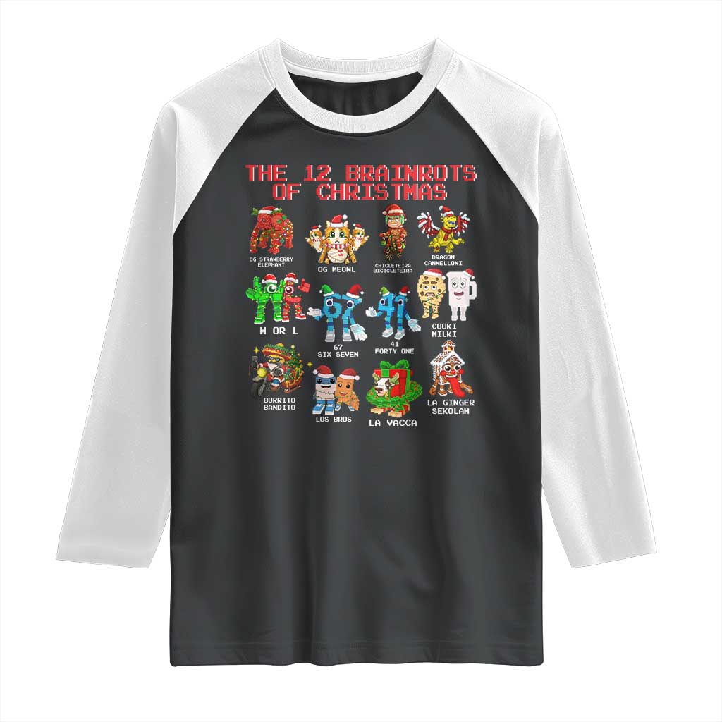 The 12 Brainrots of Christmas Raglan Shirt Funny Cursed Meme Holiday Gag Gift TS02 Black White Print Your Wear