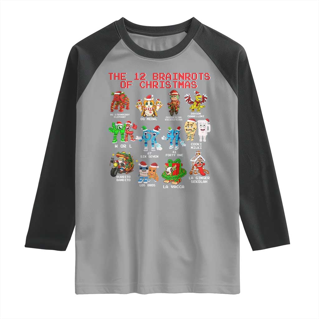 The 12 Brainrots of Christmas Raglan Shirt Funny Cursed Meme Holiday Gag Gift TS02 Sport Gray Black Print Your Wear