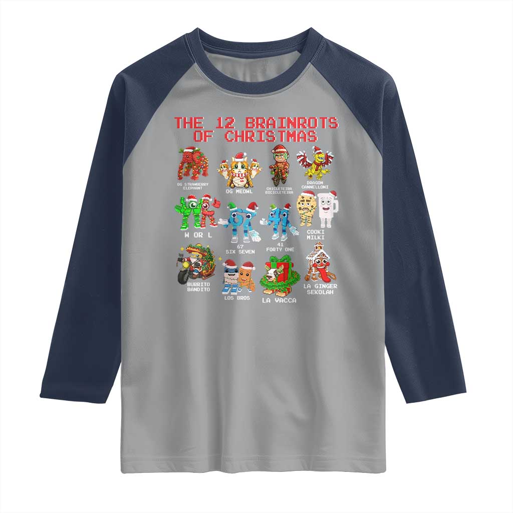 The 12 Brainrots of Christmas Raglan Shirt Funny Cursed Meme Holiday Gag Gift TS02 Sport Gray Navy Print Your Wear