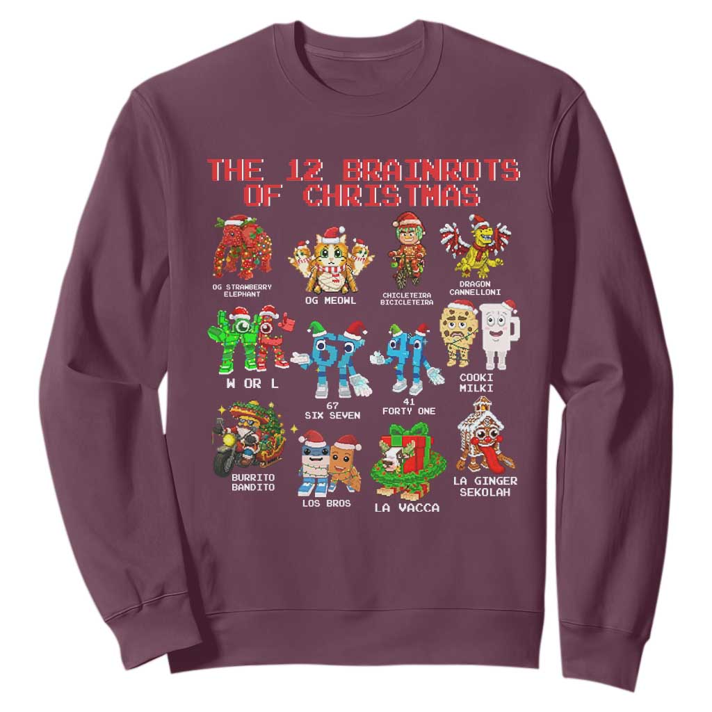 The 12 Brainrots of Christmas Sweatshirt Funny Cursed Meme Holiday Gag Gift TS02 Maroon Print Your Wear