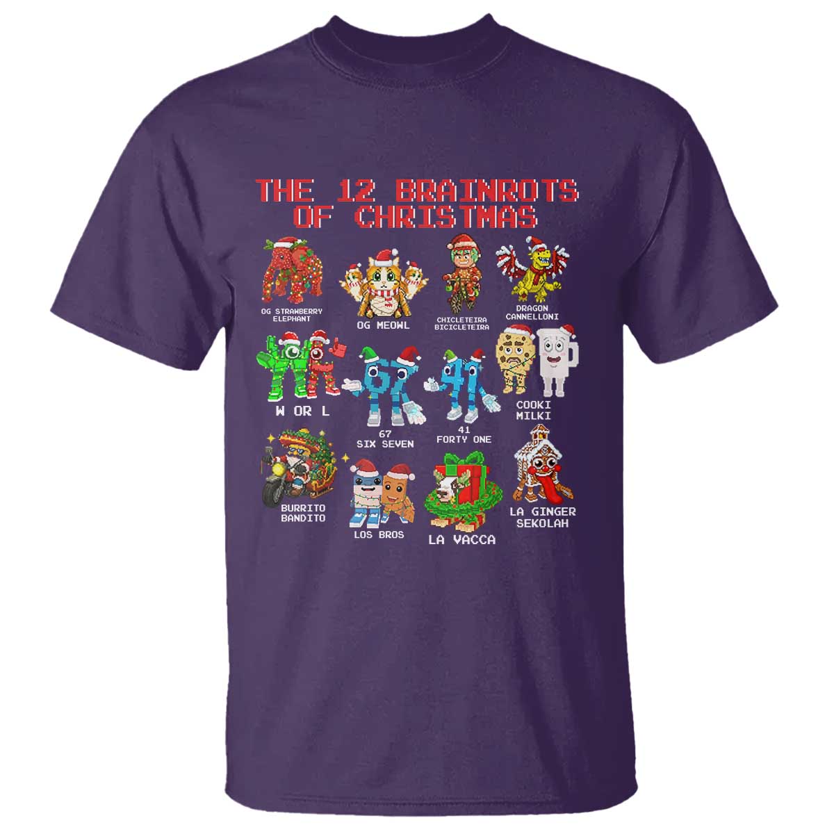 The 12 Brainrots of Christmas T Shirt Funny Cursed Meme Holiday Gag Gift TS02 Purple Print Your Wear