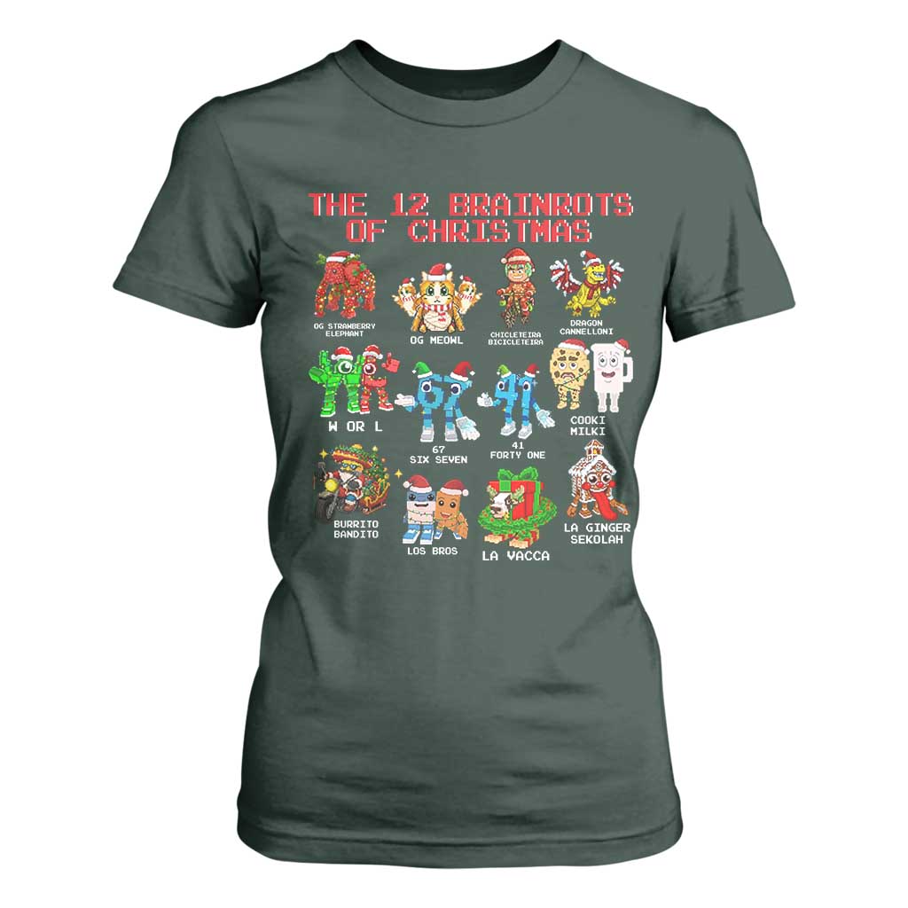 The 12 Brainrots of Christmas T Shirt For Women Funny Cursed Meme Holiday Gag Gift TS02 Dark Forest Green Print Your Wear